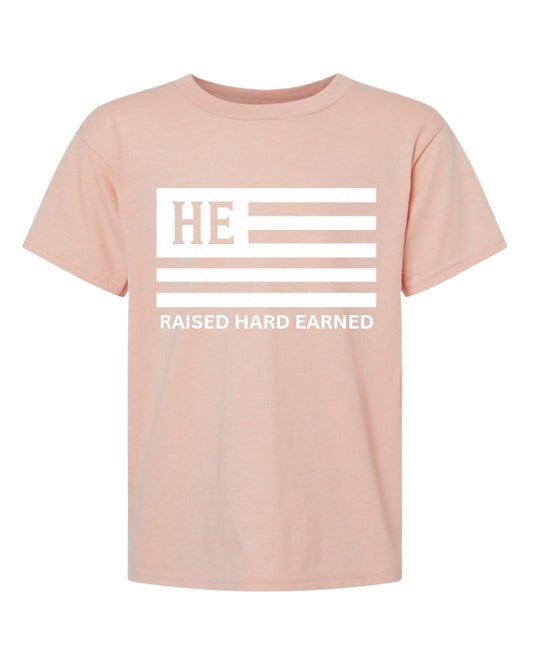 Pink t-shirt with 'HE RAISED HARD EARNED' text on a white background