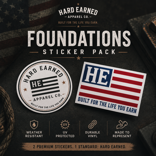 Sticker pack with 'Hard Earned Apparel Co.' branding on a dark background