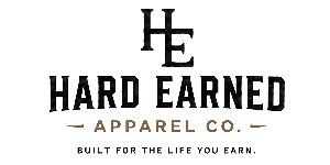 Logo of HE Hard Earned Apparel Co. with tagline on a white background