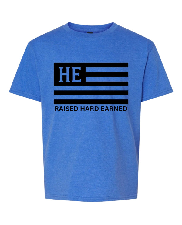 Blue t-shirt with black graphic and text on a white background