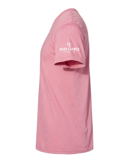 Dusty Rose t-shirt with a logo on the chest against a white background