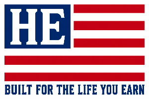 Logo with 'HE' in white on a blue square, followed by red horizontal stripes and text 'BUILT FOR THE LIFE YOU EARN' below.