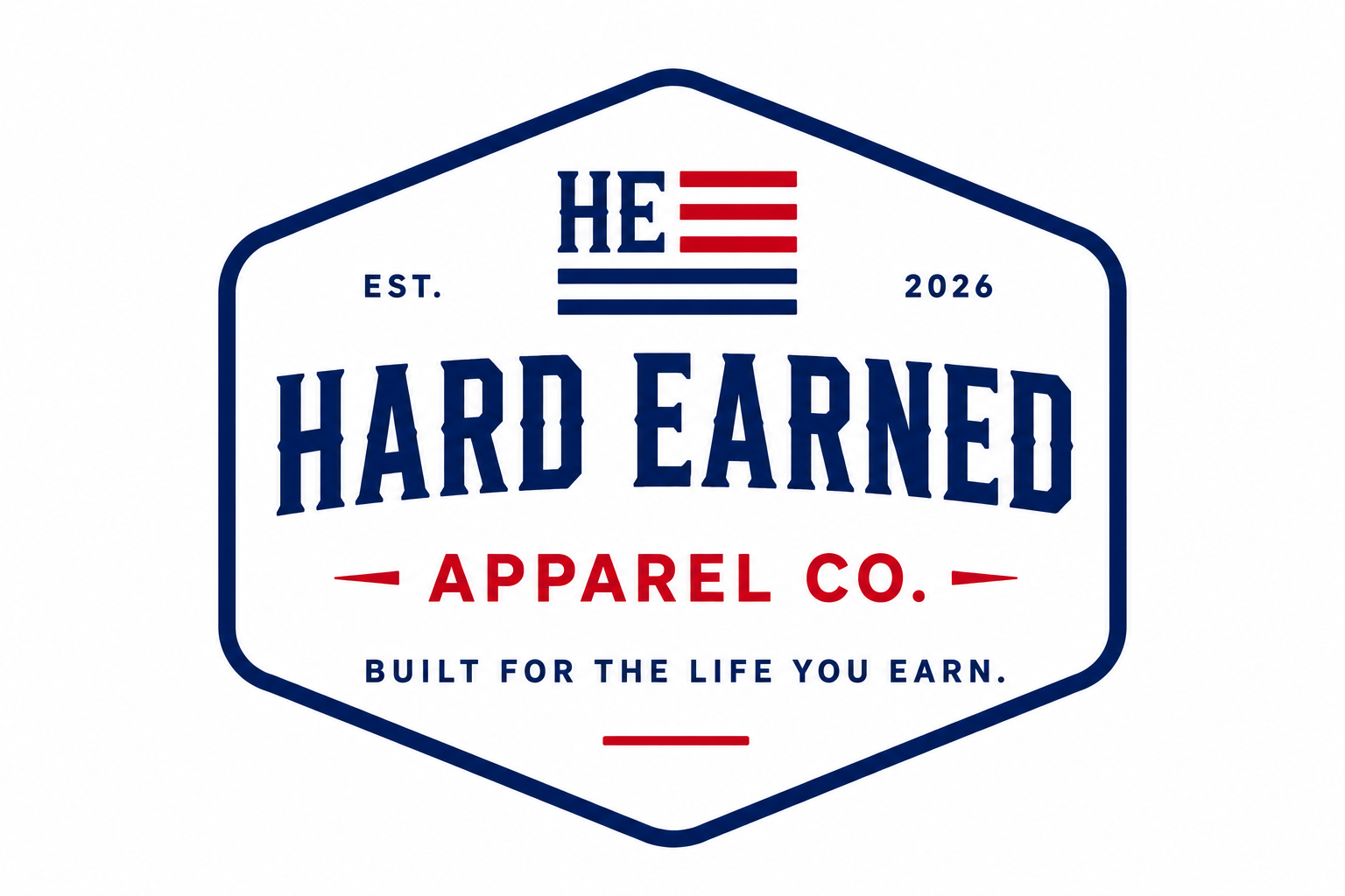 Logo of Hard Earned Apparel Co. with text and a hexagonal design on a white background